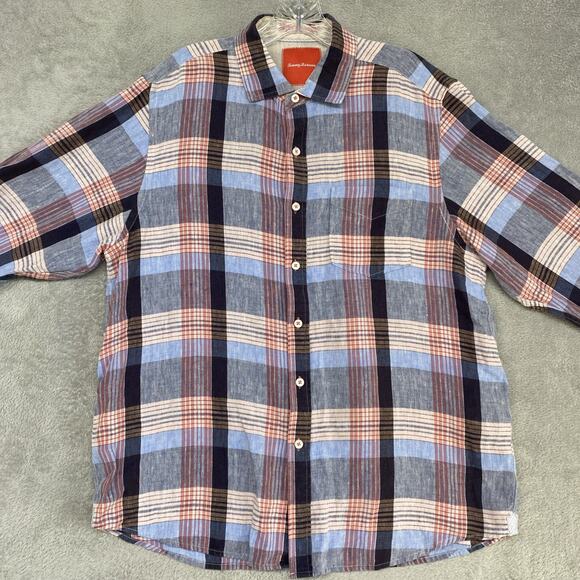 Tommy Bahama Shirt Mens Large Blue Linen Island Modern Fit Plaid Button Down - Picture 3 of 9
